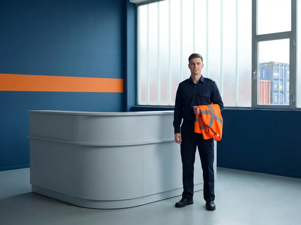 Jonge douanemedewerker in marineblauw uniform bij moderne logistieke controlepost met oranje veiligheidsvest over de arm