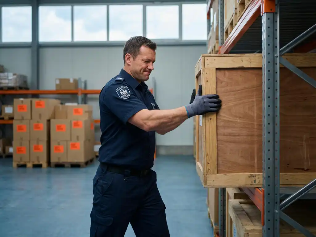 Douanebeambte in marineblauw uniform tilt zware vrachtdoos van stalen rek in industriële dokloods met natuurlijk licht