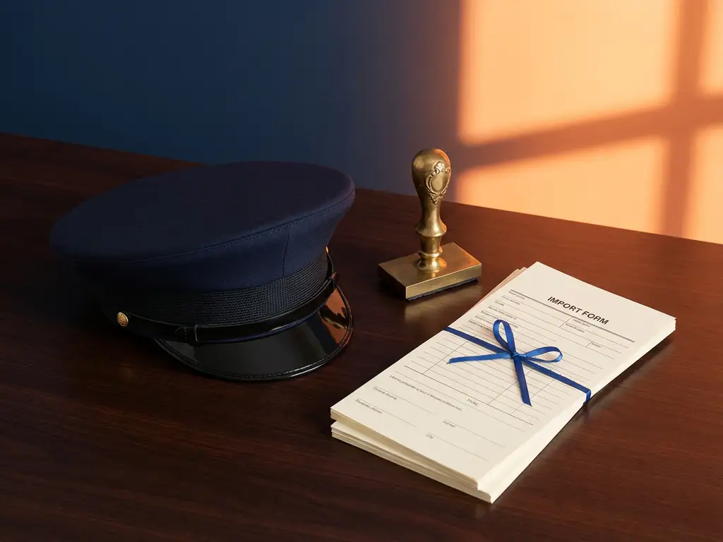 Douane-pet op houten bureau naast koperen stempel en importdocumenten, minimalistische flatlay met warme oranje accentverlichting.