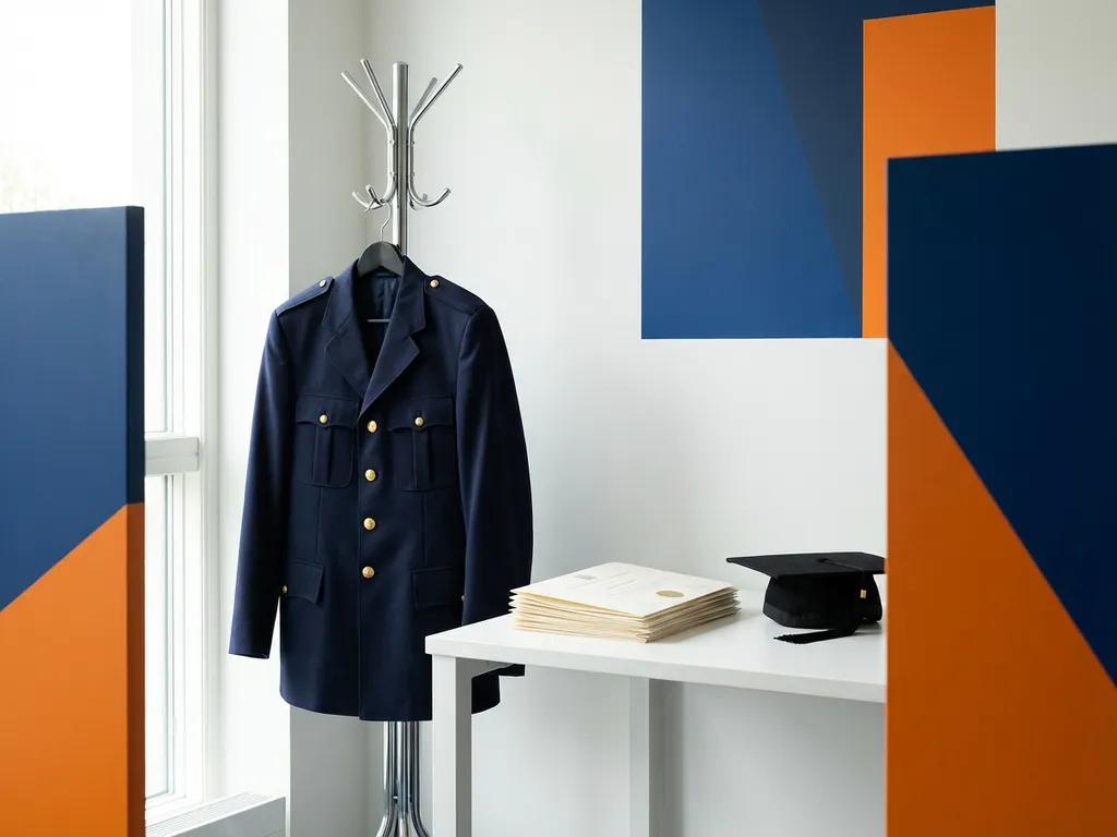 Marineblauw douane-uniform met koperen knopen aan een chromen kapstok, certificaten en afstudeerhoed op een wit bureau, geometrische accenten.