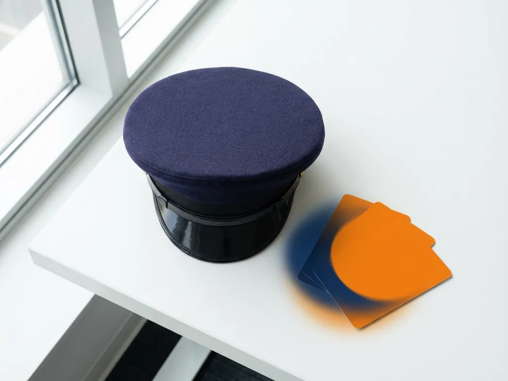 Donkerblauwe douaniersmuts naast uitgewaaierde oranje vakantiedagkaarten op wit bureau, minimalistische flatlay met zachte schaduwen.