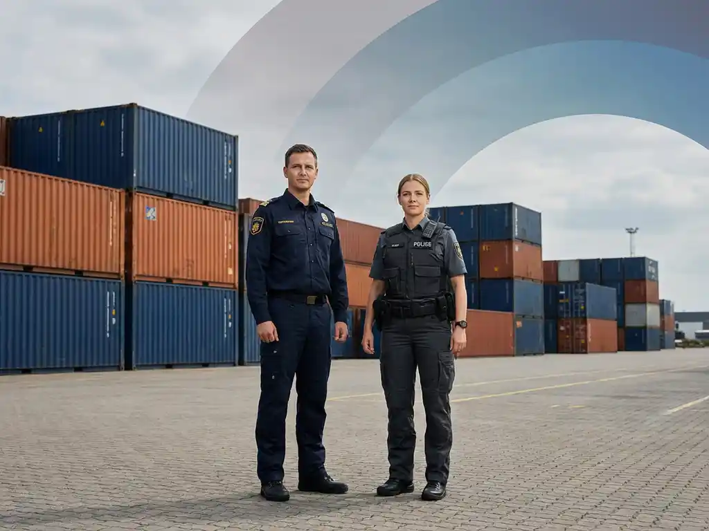 Douanebeambte en politieagent staan zij aan zij bij een drukke containerhaven met blauwe en oranje scheepscontainers