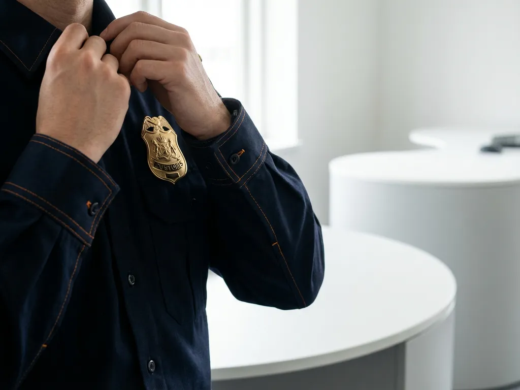 Handen van douanebeambte die marineblauwe uniformkraag aanpast, met gepolijste koperen badge en oranje accentstiksel op manchet.