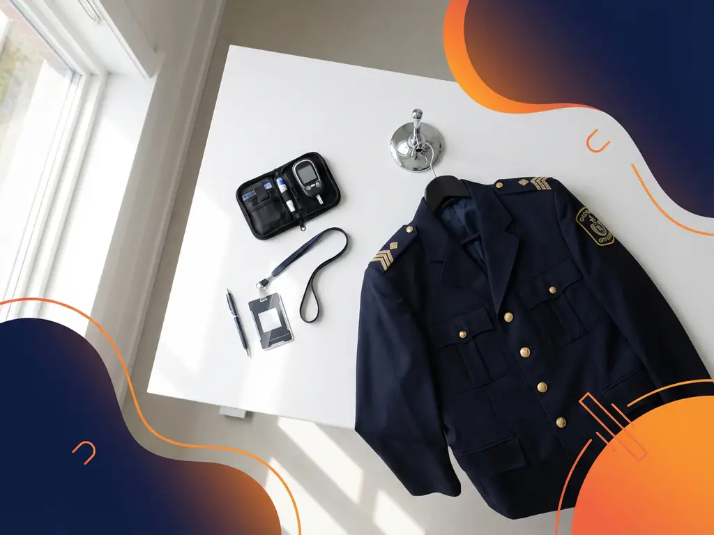 Douane-uniform jasje aan chromen haak naast glucosemeter en beveiligingsbadge op wit bureau, marineblauw en oranje accenten.