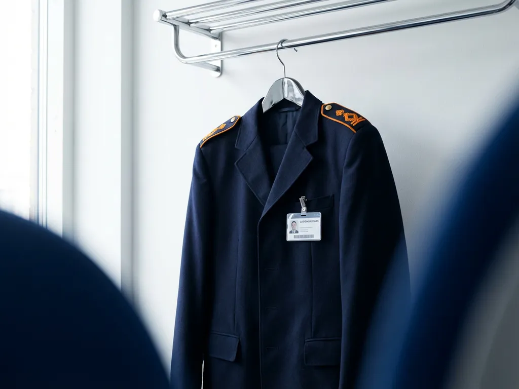 Marineblauwe douane-uniformjas met oranje epauletten en ID-badge hangend aan chromen kapstok tegen witte muur.