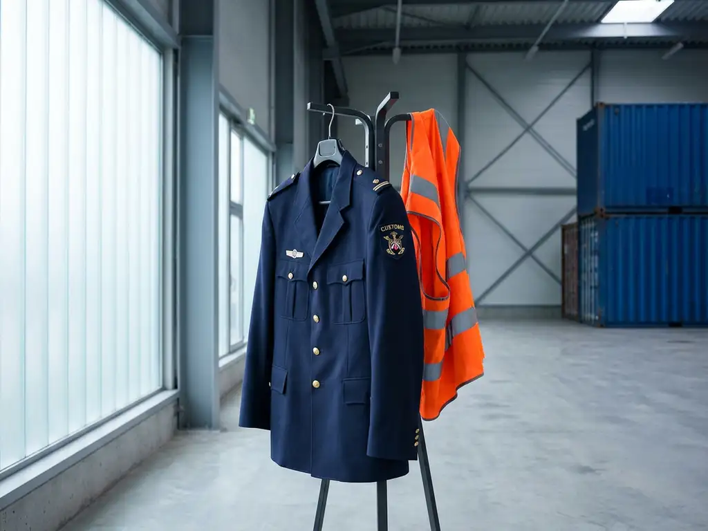 Marineblauw douane-uniformjasje met koperen knopen naast oranje veiligheidsvest op kapstok in industrieel pakhuis met natuurlijk licht