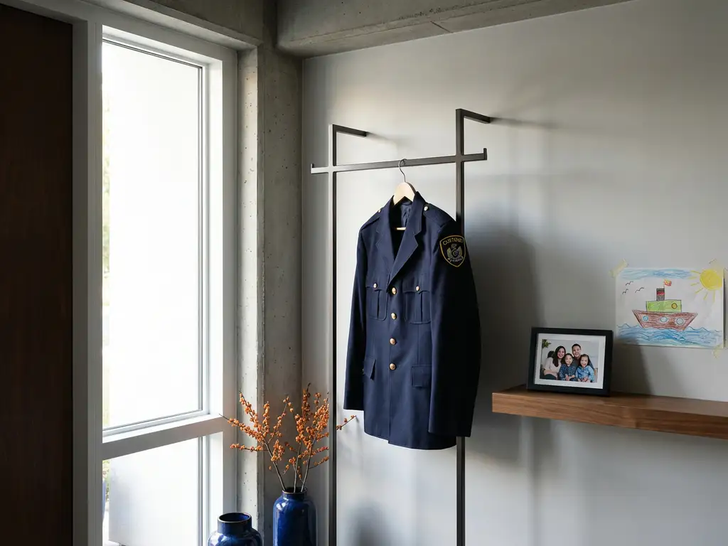 Marineblauw douane-uniform aan minimalistische kapstok naast ingelijste familiefoto en kindertekening in ochtendlicht.