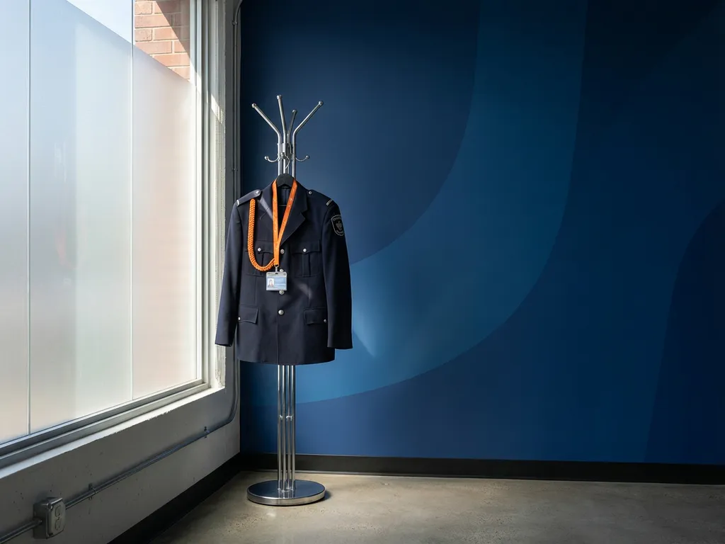 Marineblauw douane-uniform jasje op chromen kapstok met oranje keycord en ID-badge, minimalistisch kantoor met natuurlijk licht