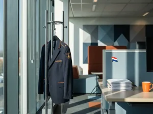 Douane-uniform aan chromen kapstok naast kantoorvenster, ochtendlicht werpt schaduwen over bureau met documenten en Nederlandse vlagspeld.