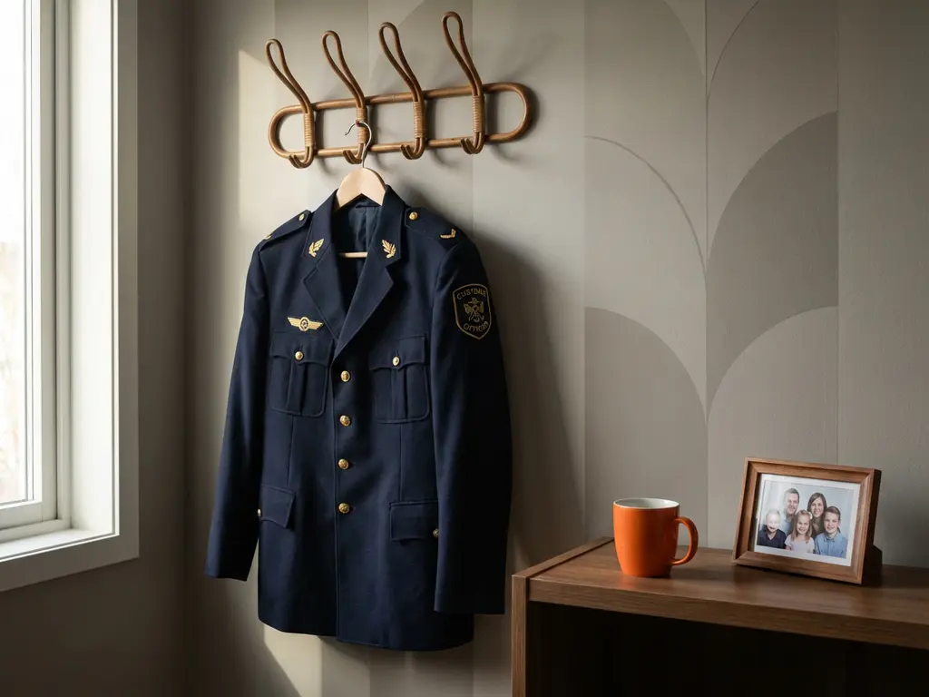 Douane-uniform aan kapstok naast koffiemok en familiefoto in ochtendlicht