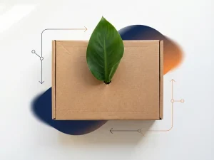Groene plant ontspruit uit minimalistische kartonnen verzenddoos op witte achtergrond met marineblauw en oranje accenten.
