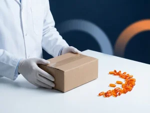 Handen in witte laboratoriumjas onderzoeken kartonnen verzenddoos, oranje farmaceutische capsules verspreid op wit oppervlak, marineblauwe achtergrond.