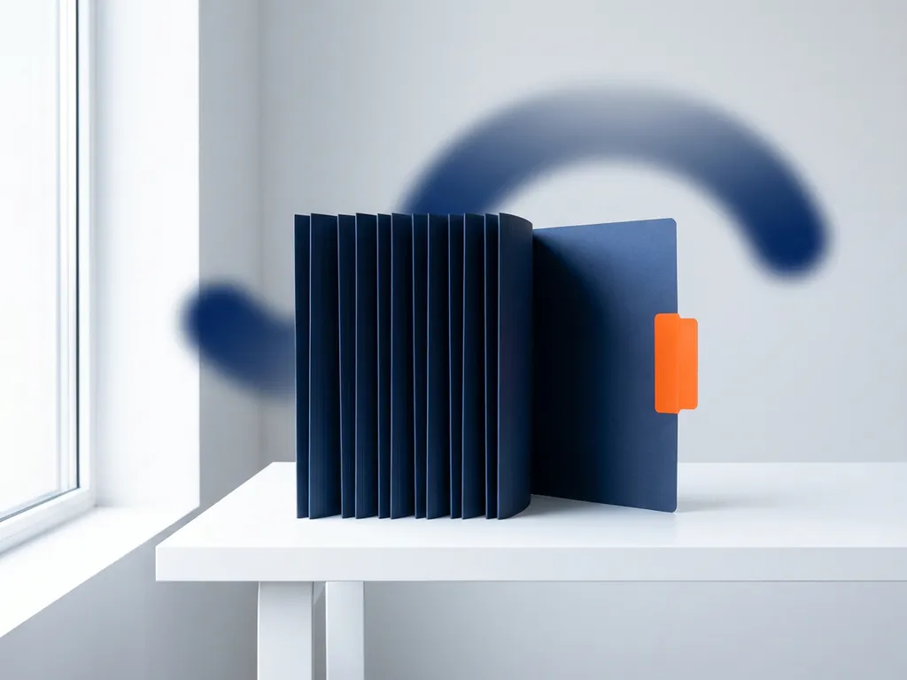 Donkerblauwe mappen op een witte bureau, één map naar voren getrokken met een oranje tabblad, minimalistische compositie met zachte blauwe vormen op de achtergrond.