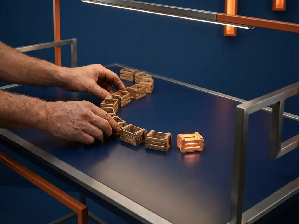 Verweerde handen schikken miniatuur houten kratten in een vloeiend pad op marineblauw oppervlak, één krat verlicht met warm oranje licht.