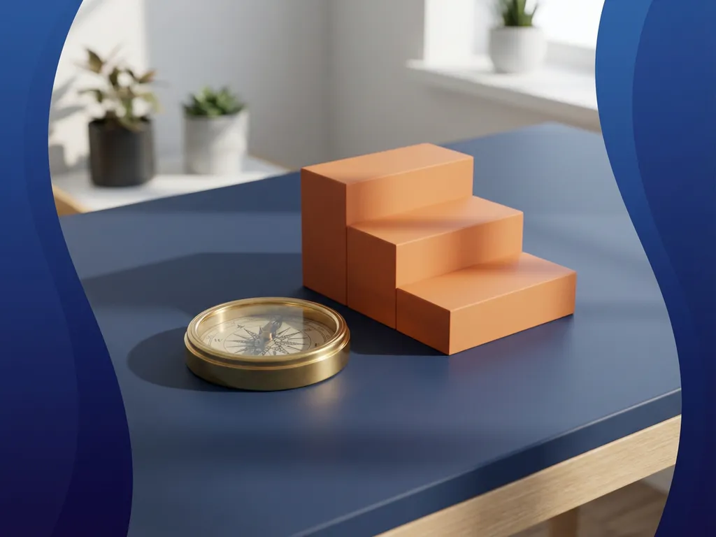 Koperen kompas op marineblauw oppervlak naast oplopende oranje geometrische treden die carrièregroei symboliseren, minimalistisch bureau met natuurlijk licht.