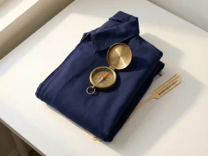 Messing kompas op gevouwen marineblauw werkjasje met logistieke documenten, warm natuurlijk licht, minimalistisch bovenaanzicht.