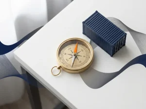 Messing kompas met oranje naald naast miniatuur vrachtcontainer op wit bureau, marineblauw kleurverloop op achtergrond, bovenaanzicht.