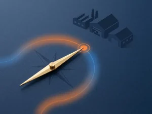 Koperen kompasnaalden wijst naar oranje bestemmingsmarker op donkerblauwe kaart met geometrische pakhuissilhouetten op achtergrond.