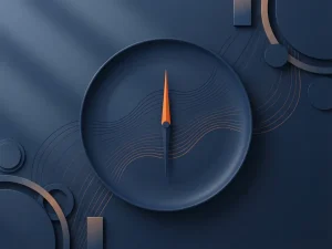 Oranje kompasnaaldje wijst omhoog op diepblauw oppervlak met subtiele gebogen lijnen en geometrische vormen.