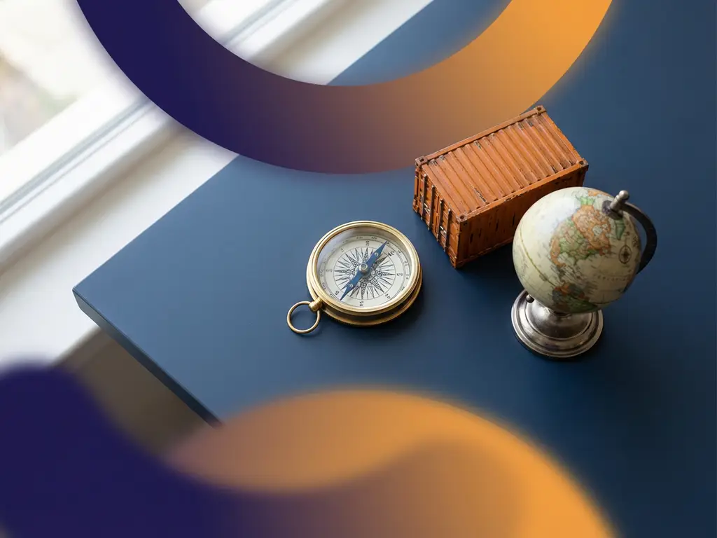 Messing kompas op marineblauw oppervlak naast miniatuur vrachtcontainer en wereldbol, moderne flat lay compositie met oranje accenten.