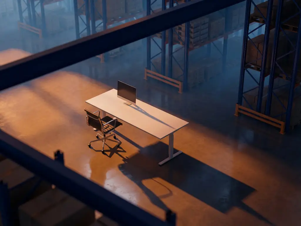 Lege bureaustoel bij minimalistische witte desk in industrieel magazijn met oranje accentverlichting en blauwe nevel