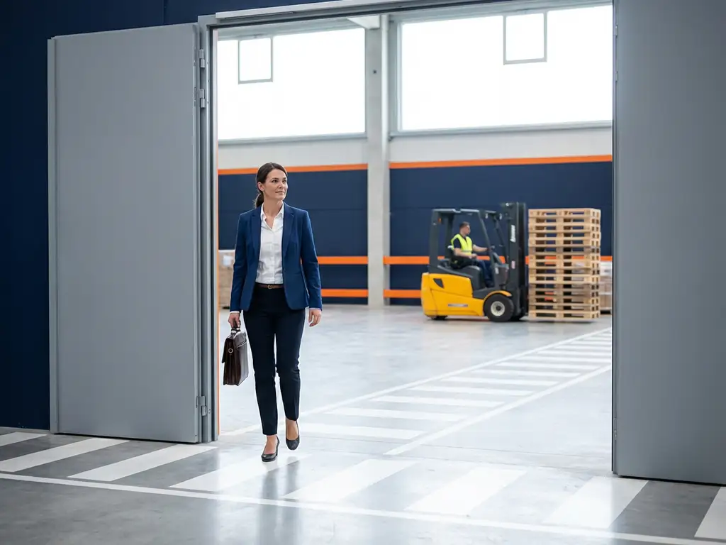 Jonge professional in zakelijke kleding stapt zelfverzekerd een moderne logistieke faciliteit binnen met heftrucks en pallets op de achtergrond.