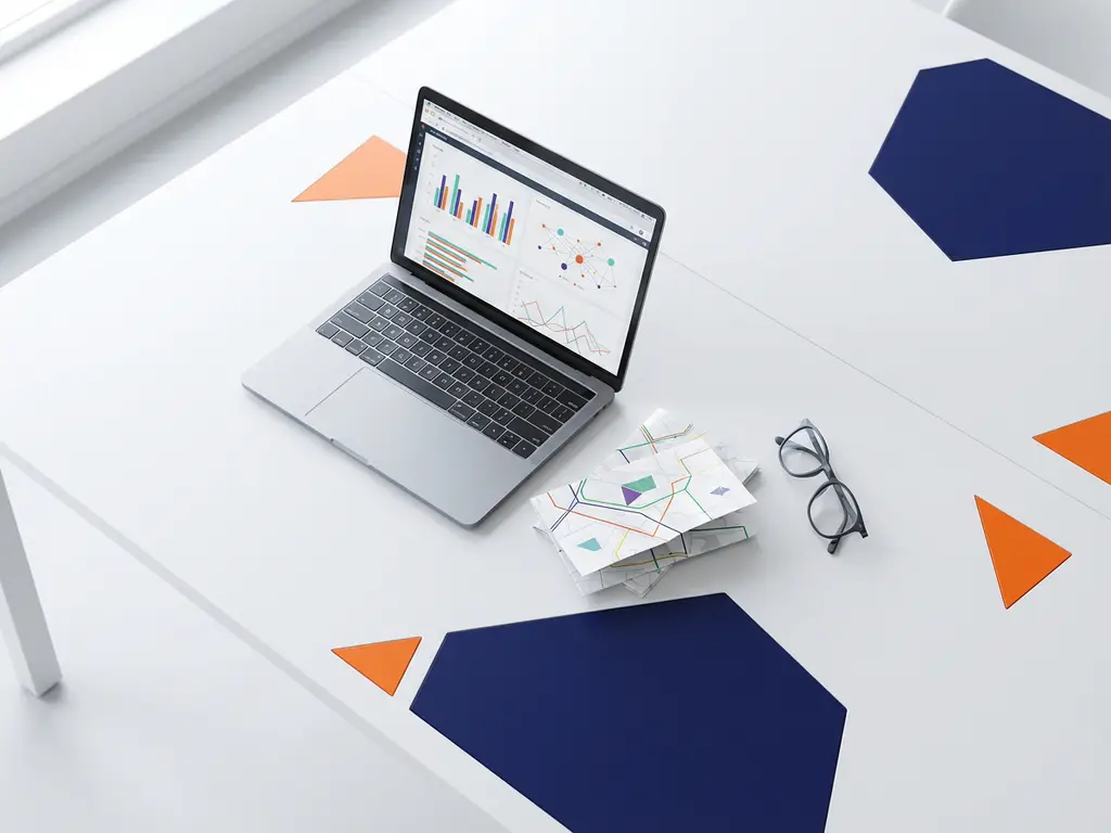 Minimalistisch bureau met laptop met datavisualisaties, logistieke routekaarten en moderne bril op marineblauw oppervlak met oranje accenten