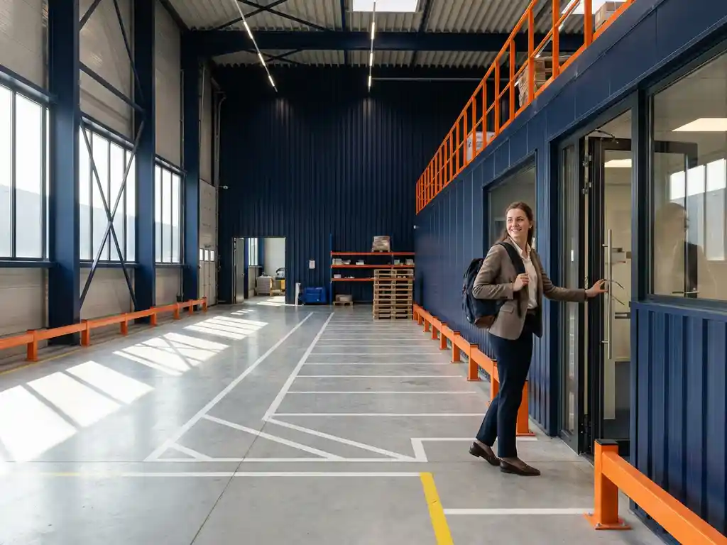 Jonge professional in casual zakelijke kleding staat zelfverzekerd bij de ingang van een modern logistiek magazijn met oranje veiligheidshekken en natuurlijk licht.