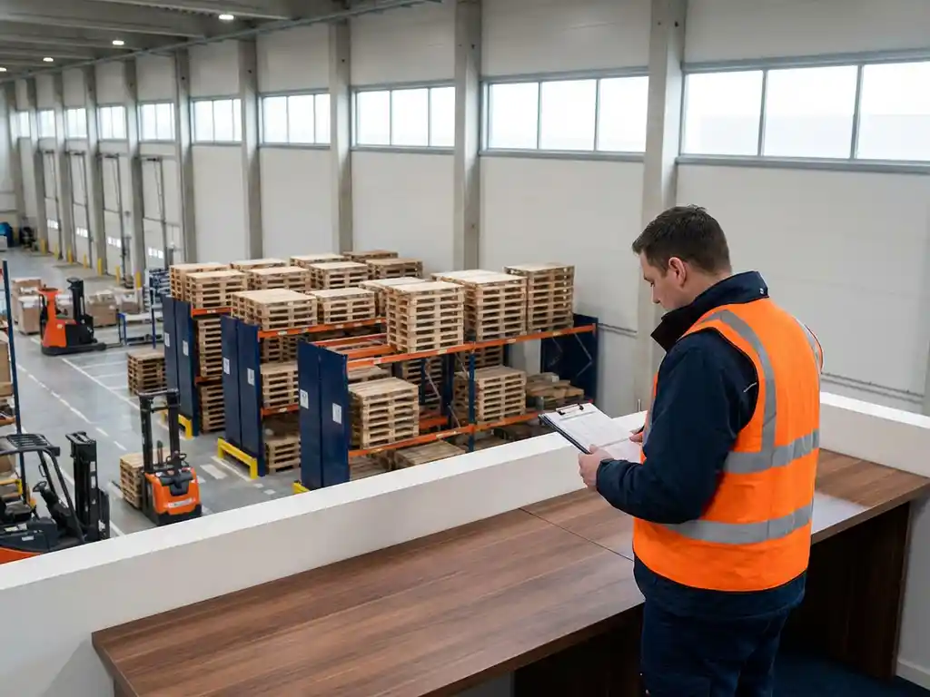 Logistiek manager met klembord overziet magazijnvloer met pallets en heftrucks, marineblauw stellingen en oranje veiligheidsvesten.