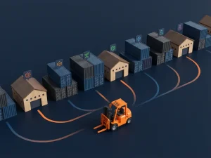Miniatuur magazijnen en vrachtcontainers op donkerblauw oppervlak met oranje vorkheftruck op de voorgrond, bovenaanzicht.