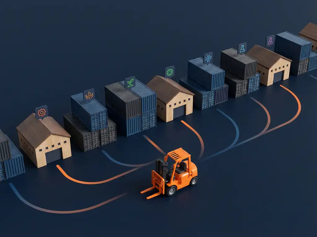 Miniatuur magazijnen en vrachtcontainers op donkerblauw oppervlak met oranje vorkheftruck op de voorgrond, bovenaanzicht.