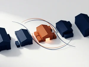 Miniatuur magazijnen en zeecontainers op wit oppervlak, één gebouw uitgelicht in warm oranje, overige in diepblauw, geometrische vormen suggereren logistieke flow.