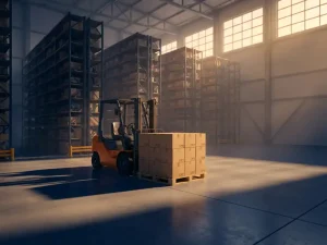 Oranje heftruck naast gestapelde pakketten in modern magazijn met stalen stellingen en warm licht door industriële ramen.