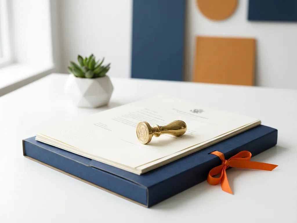 Koperen douanestempel op stapel officiële documenten, donkerblauw dossier met oranje lint, succulent en natuurlijk licht op wit bureau.