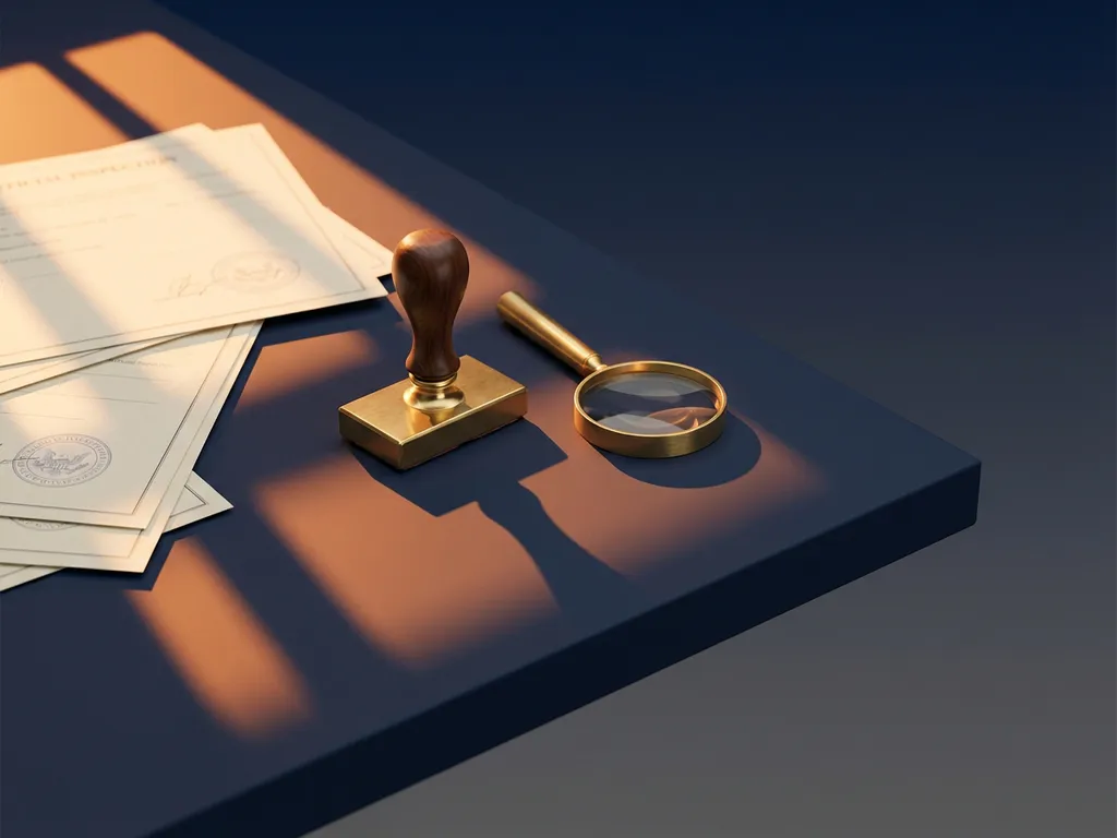 Messing douanestempel naast vergrootglas op marineblauw bureau, inspectiedocumenten gedeeltelijk zichtbaar, warme oranje accentverlichting.