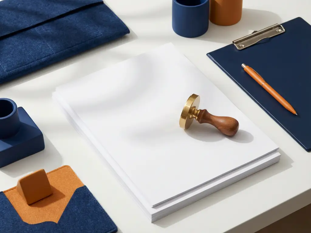 Koperen douanestempel op witte verzendpapieren naast marineblauw klembord met oranje pen, bovenaanzicht op minimalistisch bureau