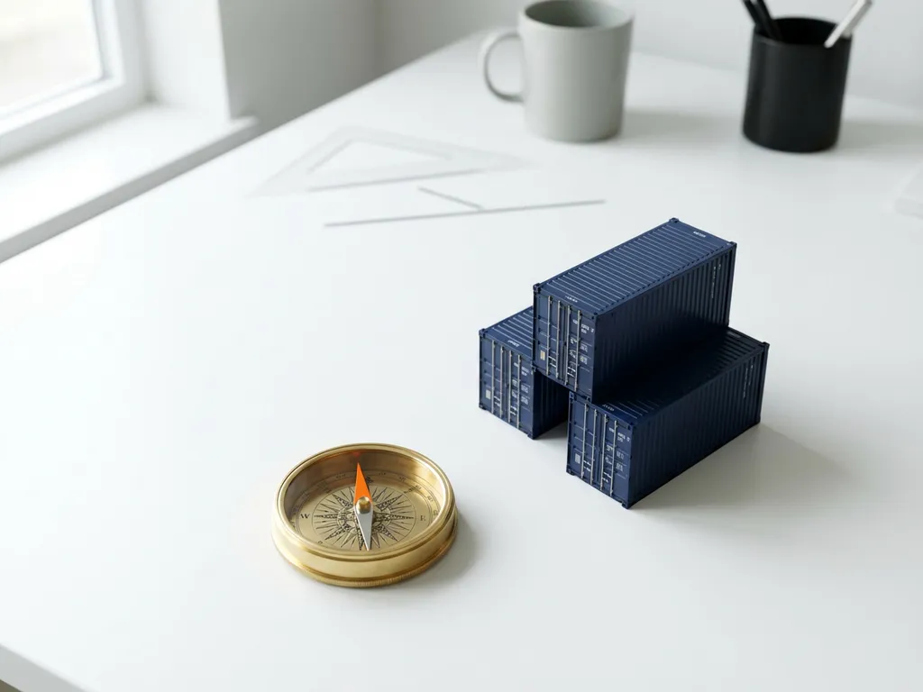 Messing kompas met oranje naald naast miniatuur vrachtcontainers op wit bureau, zachte natuurlijke verlichting