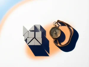 Messing kompas naast geometrische houten puzzelstukjes op wit bureau, warm oranje licht en marineblauw schaduwspel.
