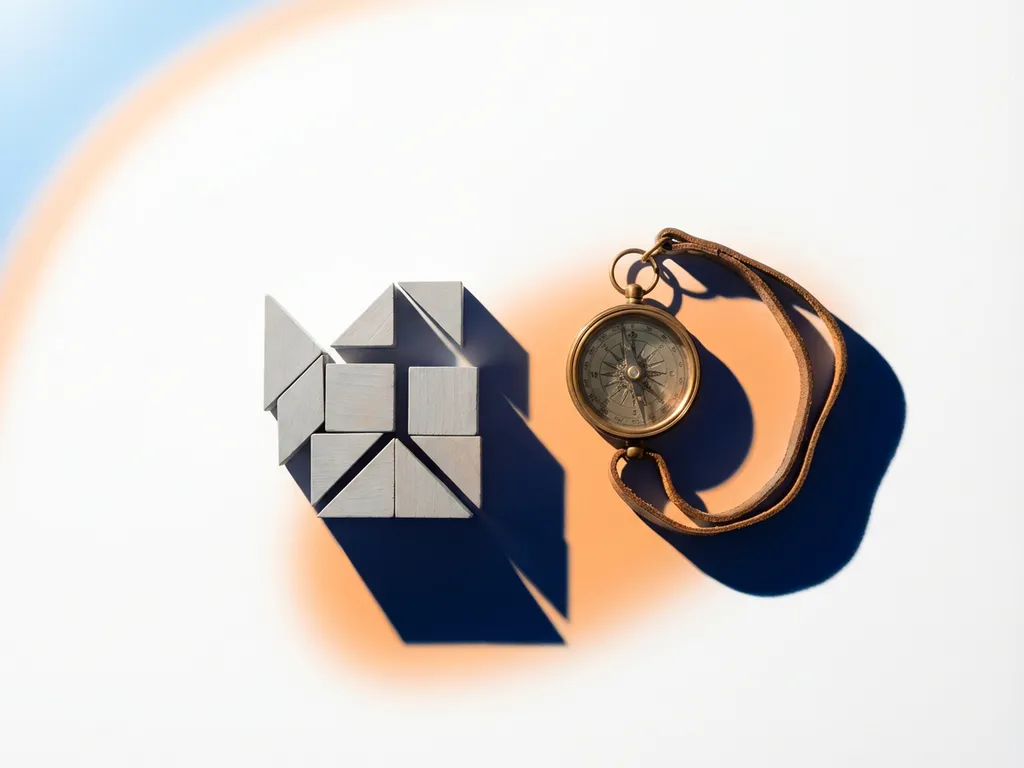 Messing kompas naast geometrische houten puzzelstukjes op wit bureau, warm oranje licht en marineblauw schaduwspel.