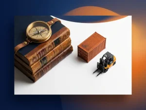 Messing kompas op stapel leren boeken naast miniatuur vrachtcontainer en vorkheftruck op wit bureau, warm oranje licht.