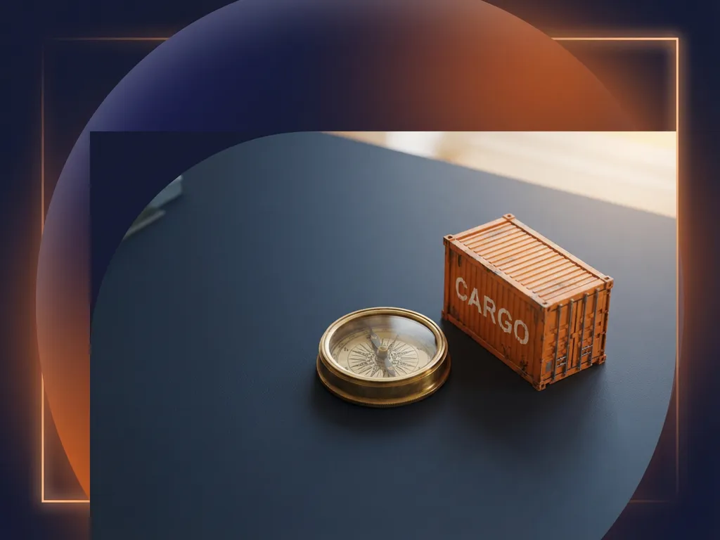 Messing kompas naast miniatuur vrachtcontainer op marineblauw bureau, zachte blauwe en oranje gradiëntvormen op achtergrond.