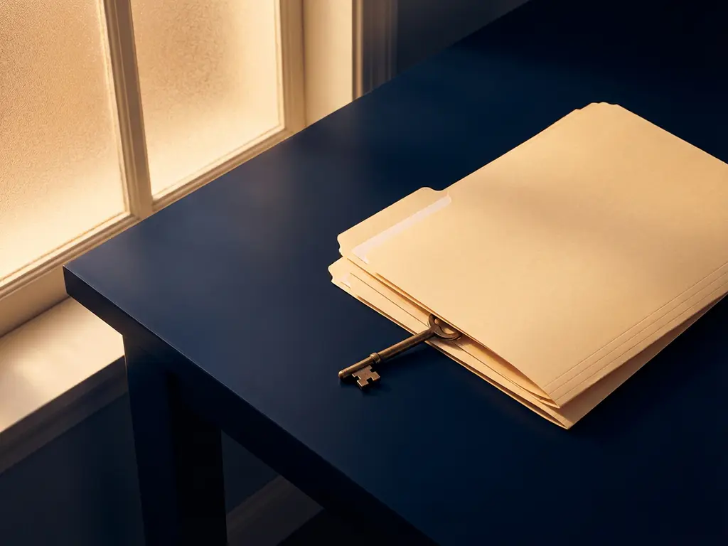 Koperen sleutel gedeeltelijk verborgen onder manila mappen op marineblauw bureau, verlicht door zacht oranje licht door matglas raam.