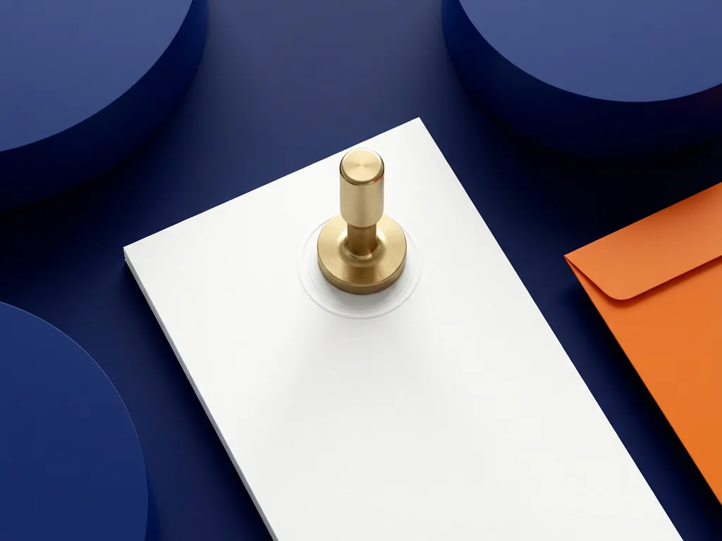 Messing stempel drukt op wit papier op marineblauw bureau, oranje map zichtbaar aan de rand, minimalistische professionele compositie met natuurlijk licht.