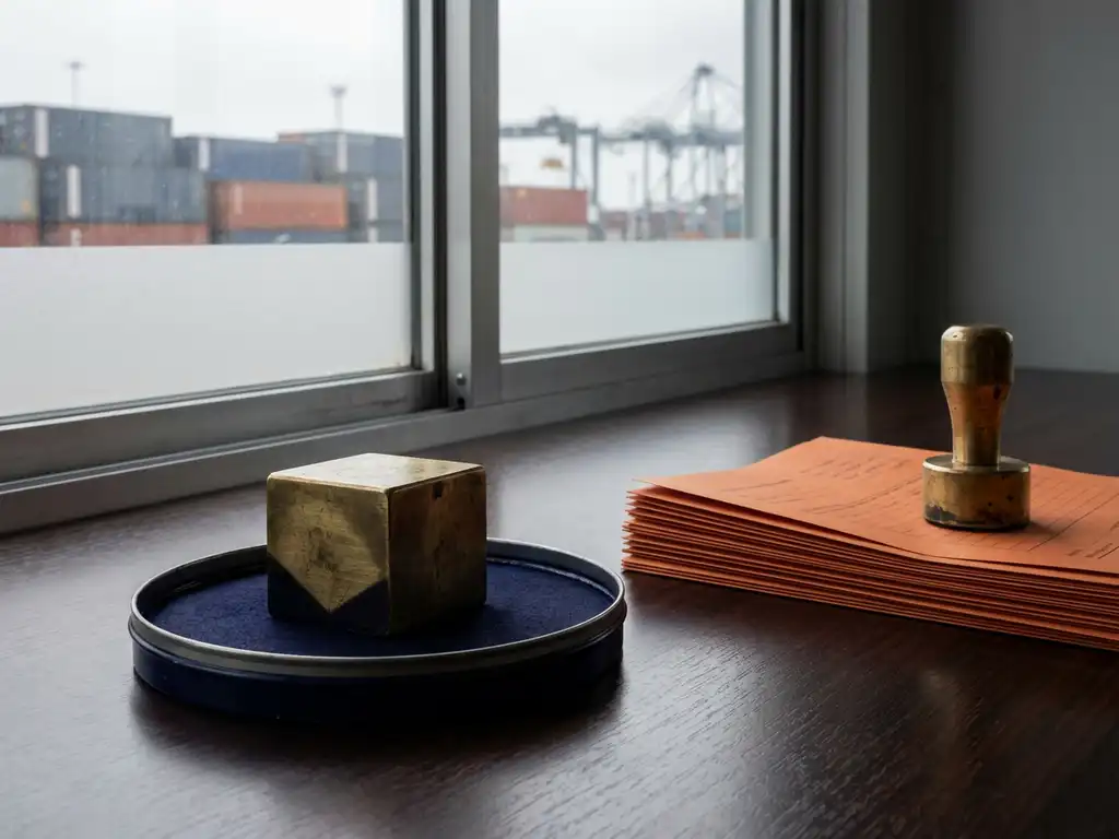 Koperen douanestempels op donker houten bureau, één in blauw inktkussen, oranje documenten en zeecontainers op achtergrond.