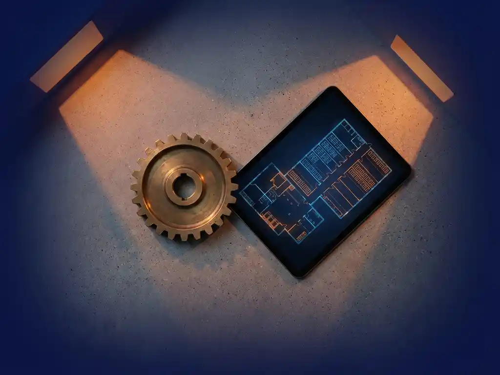Koperen tandwiel verbonden met digitale tablet met magazijnplattegronden op betonnen ondergrond, oranje accentverlichting werpt geometrische schaduwen