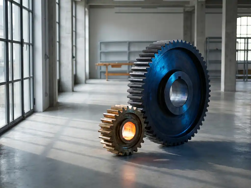 Kleine koperen tandwiel grijpt in groot stalen tandrad op betonnen vloer, warm oranje en diepblauw contrast in minimalistisch pakhuis.