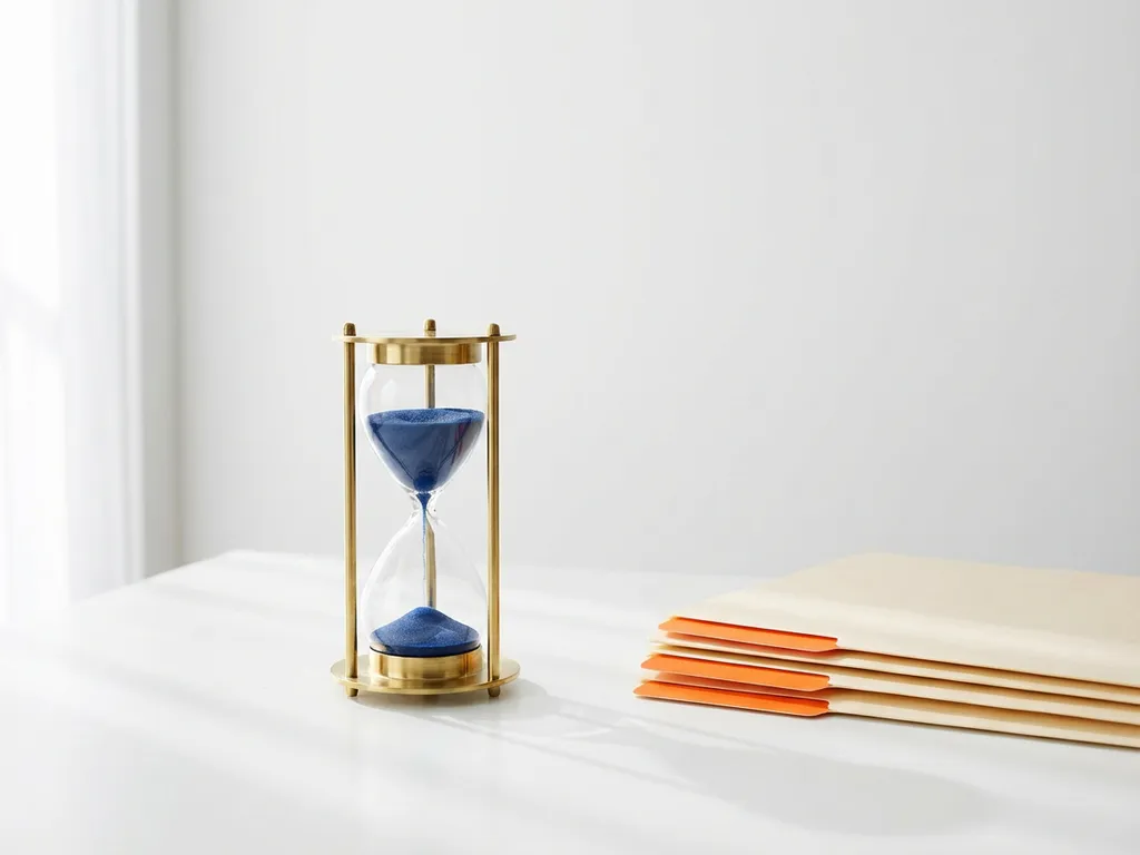 Messing zandloper met donkerblauw zand op wit bureau naast gestapelde douaneaangiftemappen met oranje tabbladen, natuurlijk licht.