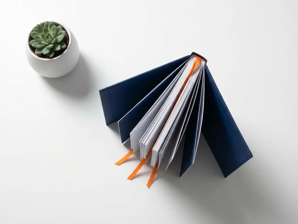Marineblauw minimalistisch dagboek met oranje bladwijzerlinten op wit bureau, naast kleine vetplant in pot.
