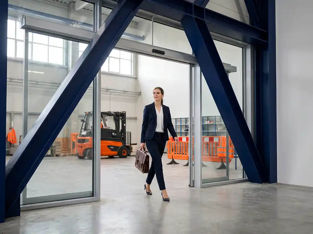 Jonge professional in zakelijke kleding betreedt modern magazijn met stalen balken en oranje vorkheftruck op de achtergrond.