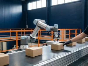 Robotarm en menselijke hand sorteren samen kartonnen pakketjes op transportband in modern magazijn met marineblauwe muren en oranje veiligheidshekken.